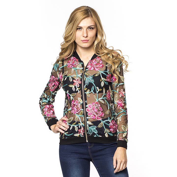 Black Floral Mesh Bomber Jacket for wholesale on Faire