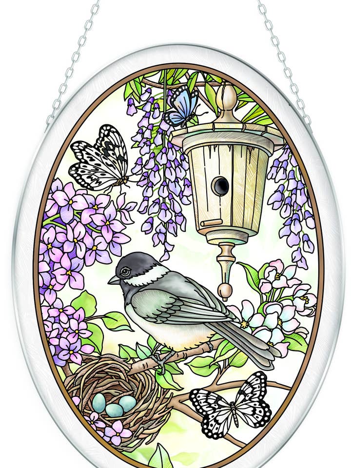 Attrape-soleil ovale en verre grand format 9" x 6,5" - Mésange mélodieuse pour la vente par Bridgeton Hall