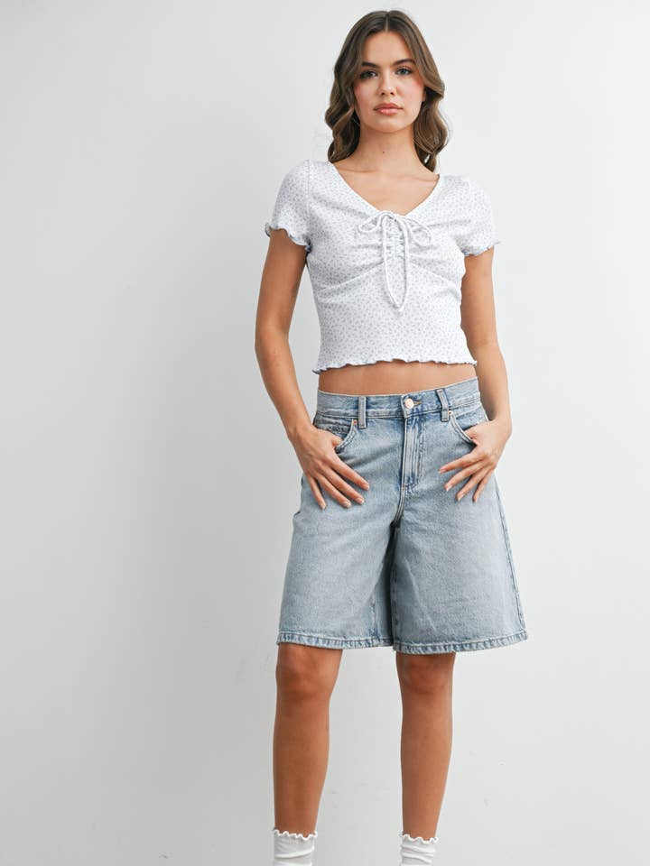 V-Neck Drawstring Ruched Crop Top with Lettuce Hem - BMT8265 for wholesale by BUTTERMELON