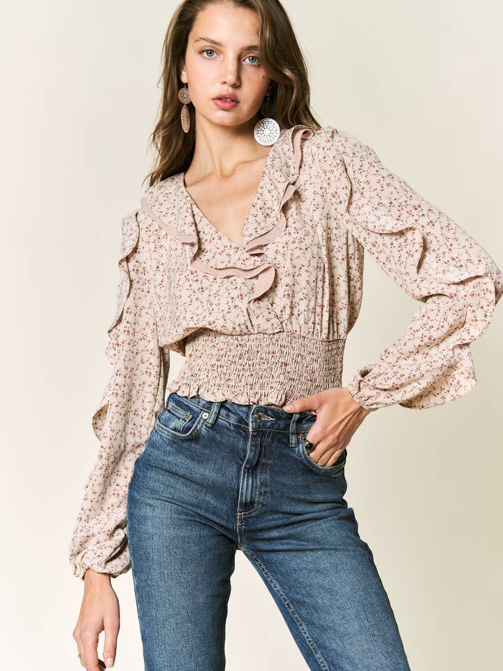 Petal Dew - Vendita all'ingrosso Camicetta - Donna - BLUSA FLOREALE TOP SMOCKING CROPPED INCRESPATO - P000308