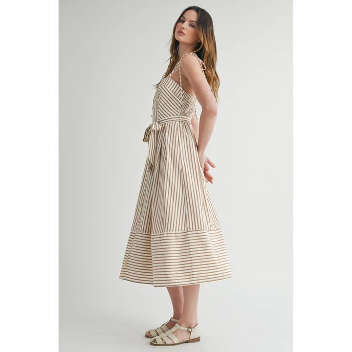 MOCHA WHITE STRIPED SUNDRESS WITH BUTTON-DOWN AND WAIST TIE for wholesale on Faire