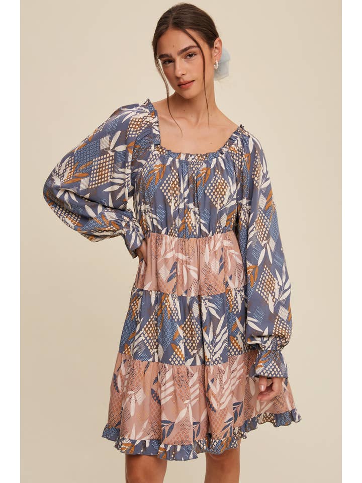 Listicle - Wholesale Dress - Women's - Patchwork Puff-Sleeve Tiered Mini Dress13