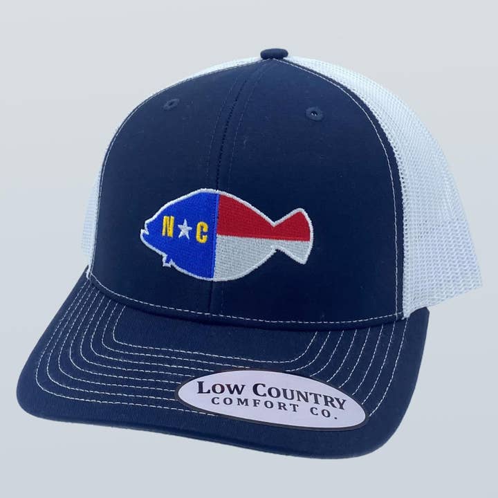 Riverbed Threads - Wholesale Trucker Hat - Unisex - North Carolina Flag Flounder Navy/White Hat
