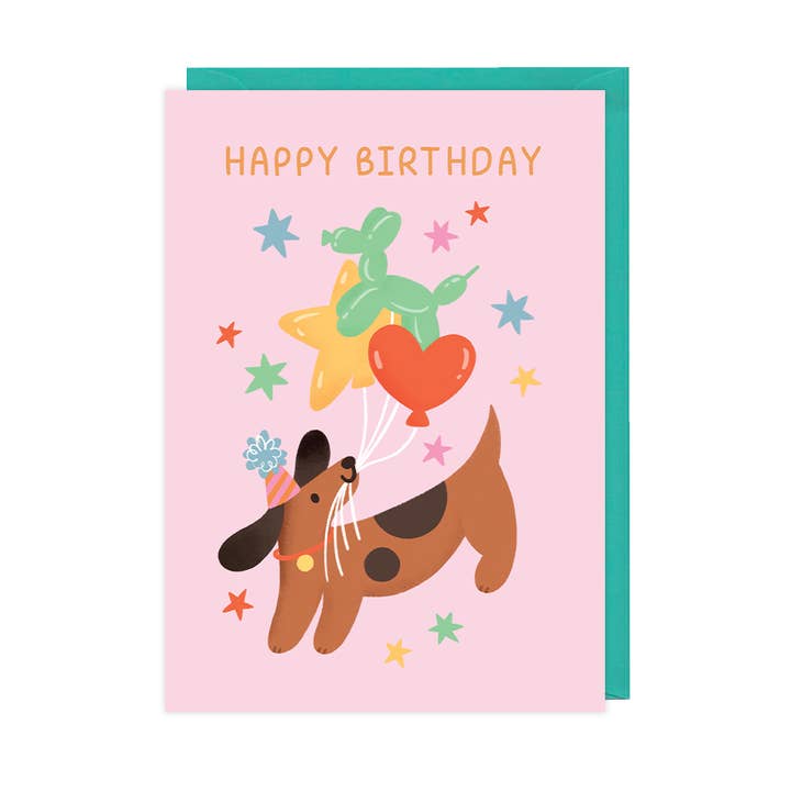 Sausage Dog & Balloons! Dachshund Birthday Card for wholesale by Hopscotch Paper Co.