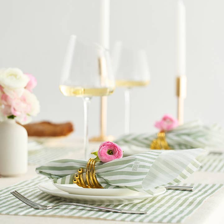 The Wine Savant / Khen Glassware - Wholesale Disposable Napkin - Green & White Striped Disposable Napkins & Placemats, 100pcs