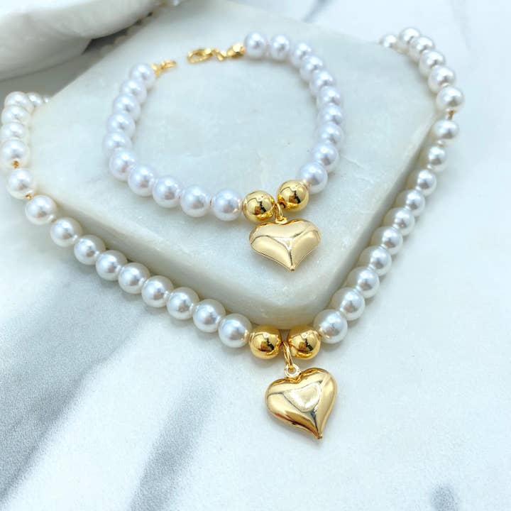 18k Gold Filled Pearl Bead Necklace and Bracelet Set, Puffy Heart Charm, Sold Separately or as Set, Simulated Pearl Set for wholesale by Luxus Accessories