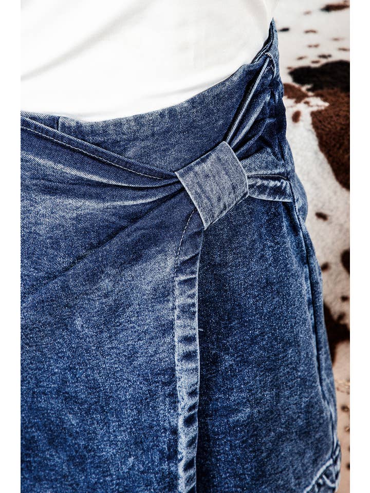 Blue Acid Wash Asymmetric Twisted Wrapped Zipped Denim Skort for wholesale on Faire