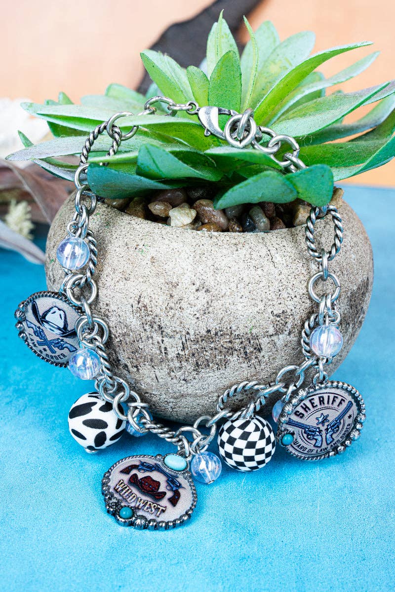 Wholesale Accessory Market - Wholesale Charm/Dangle Bracelet - Wild West Sheriff Silvertone Charm Bracelet