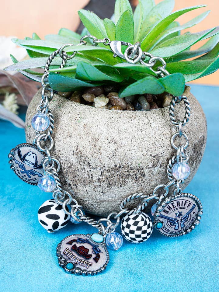 Wild West Sheriff Silvertone Charm Bracelet for wholesale by Wholesale Accessory Market