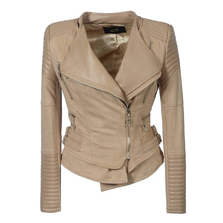 FurDecoration - Wholesale Leather Jacket - Women's - Solid Color PU Splicing Suede Biker Leather Jacket