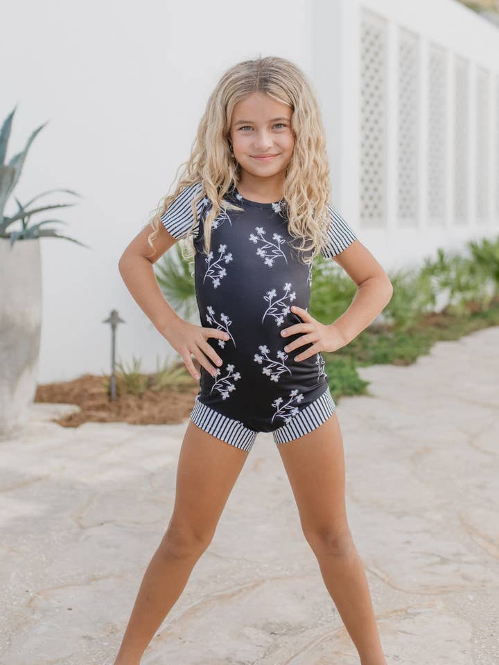 Oopsie Daisy - Wholesale Leotard - Kids - Kids Black & White Stripe Floral Dance Gymnastics Leotard