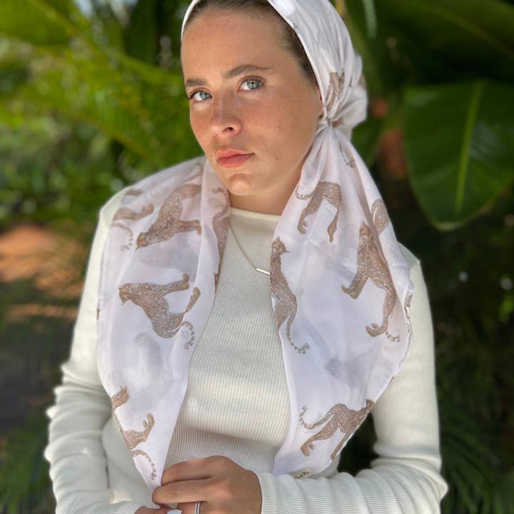 The Scarf Bar - Wholesale Head Scarf - Women's - VERSATILE PRETIED Cream Elegant Cheetah Head Scarf (WITH VELVET GRIP)