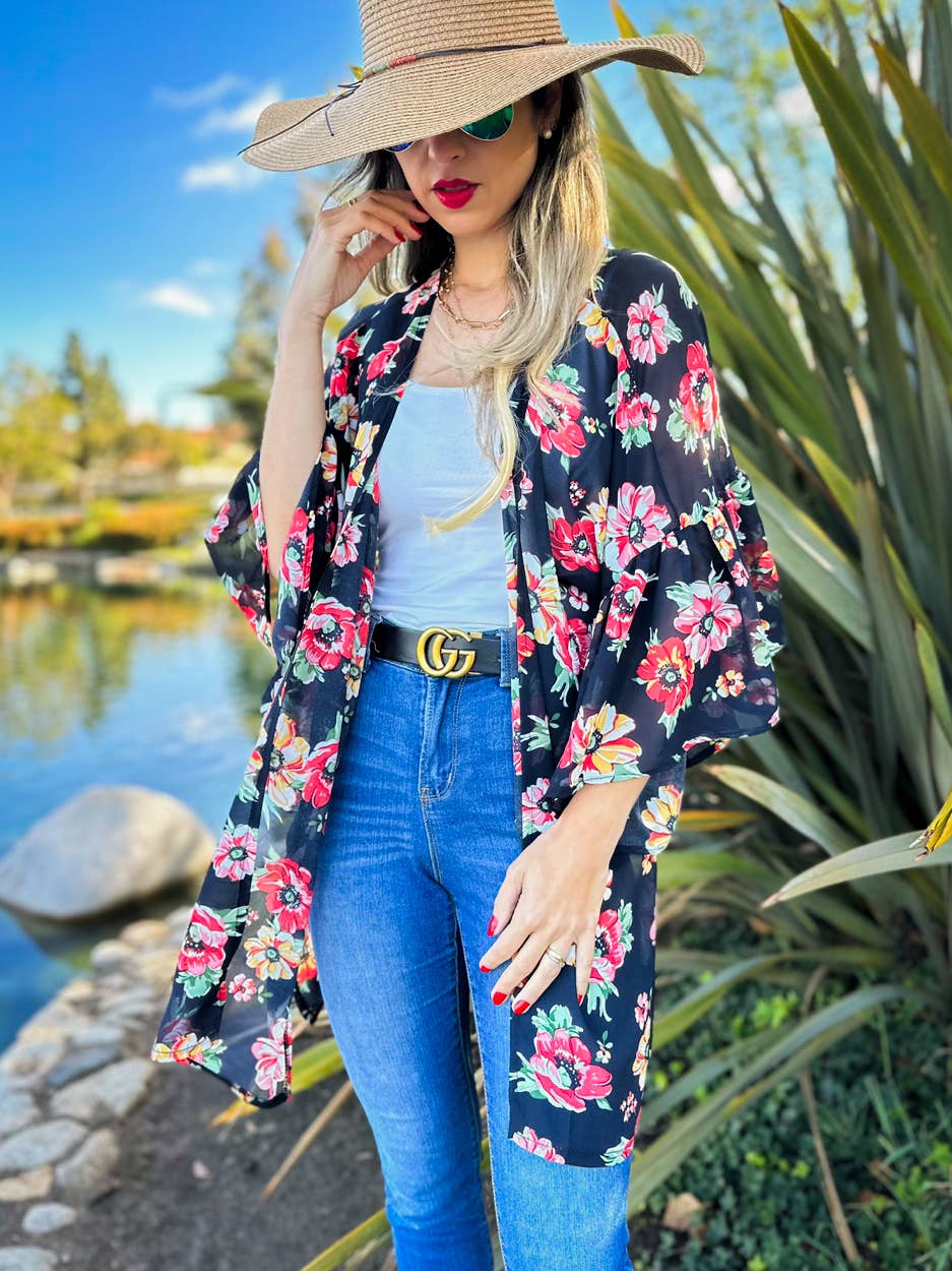 AMOLI – wholesale Kimono – Women's – Floral Printed Ruffled Sleeve Chiffon Kimono Cover-Up10