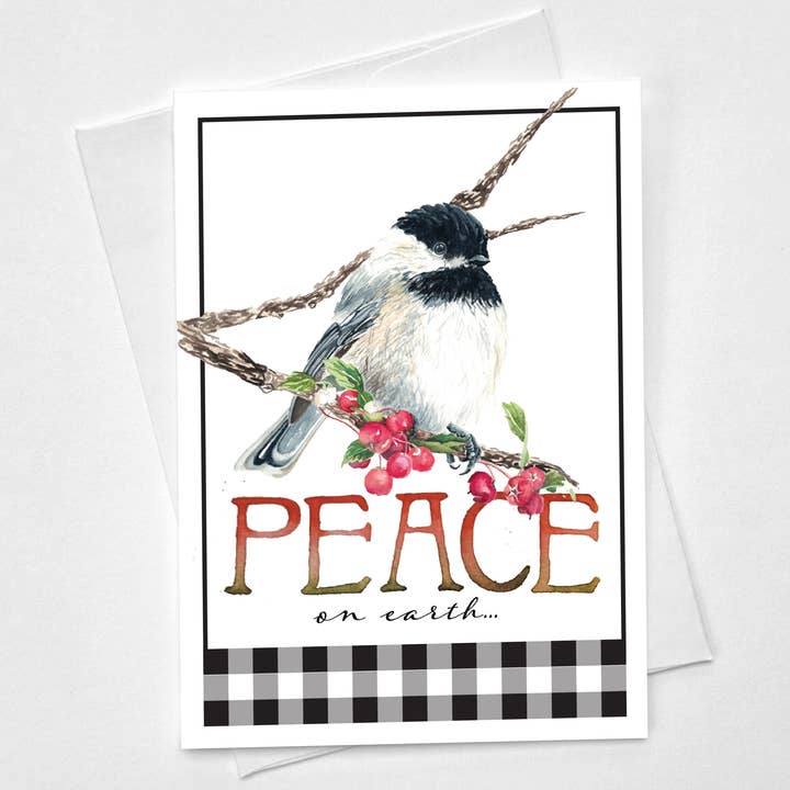 Chickadee Christmas Peace Greeting Card for wholesale by Becky Jo Lee Art & Design | Fine Papers & Prints