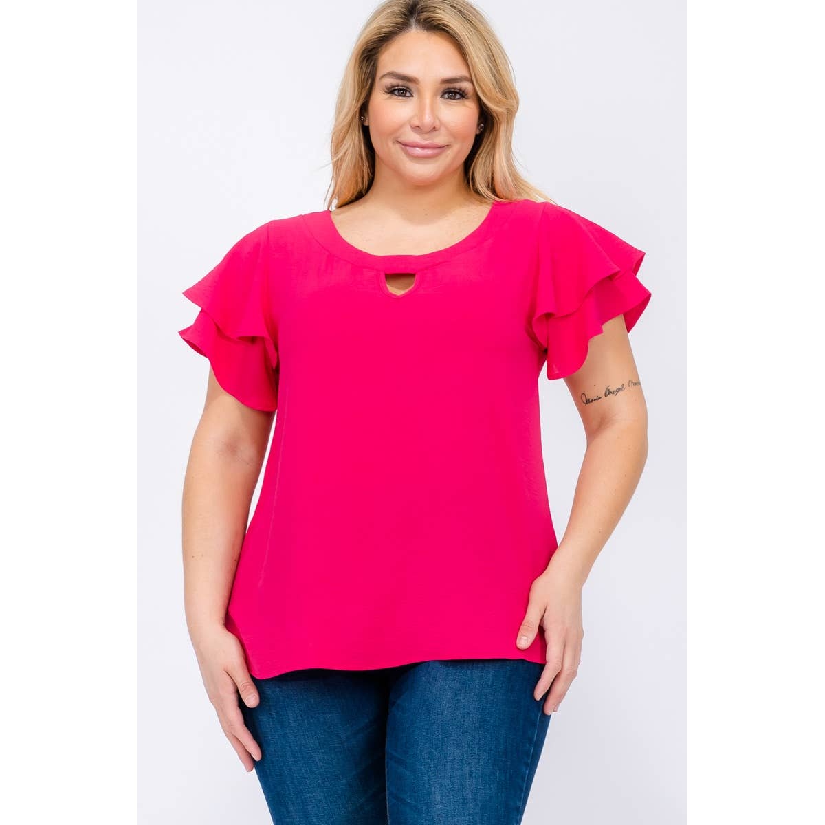 Curve Market - Vente Chemisier – femme - CHEMISIER TAILLE PLUS AVEC MANCHES VOLANTÉES ET TROU DE SERRURE2