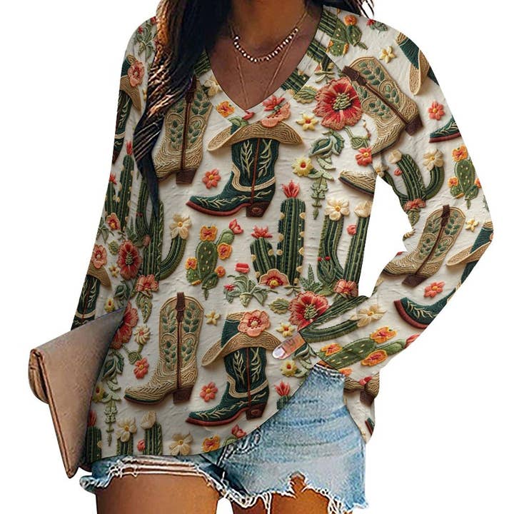 Baha Ranch Cactus and Boots Long Sleeve Top for wholesale by BAHA RANCH WESTERN WEAR
