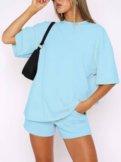 HIDDENBRAND - Wholesale Lounge Set - Women's - Half Sleeve Basic T-shirt 2 Piece shorts Set