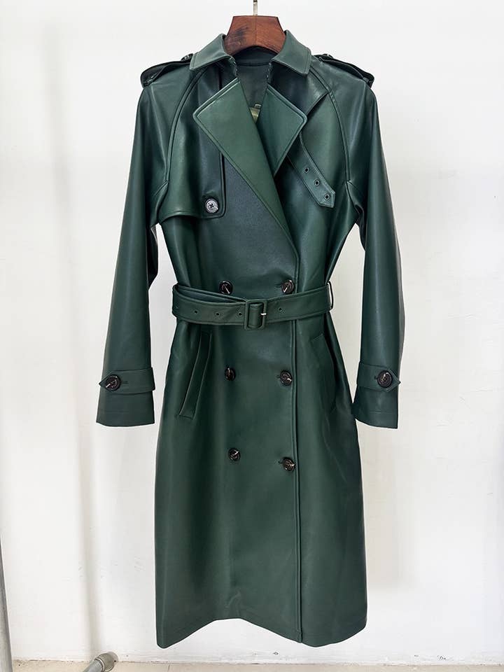 Productseeker - Wholesale Trench Coat - Women's - CT139Y Belted PU Trench Coat with Double-Breasted Front4