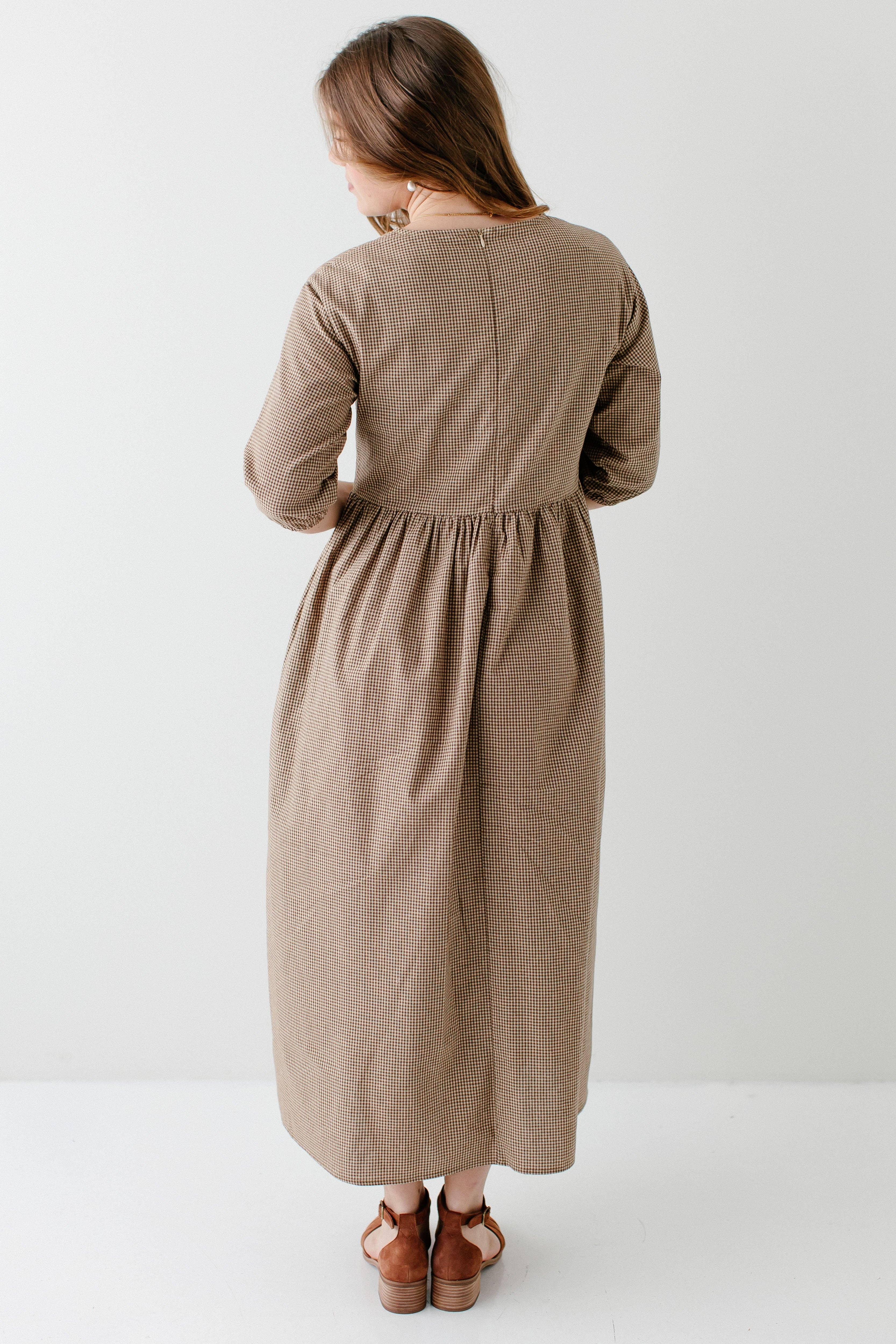 Brown 'Beth' Cotton Gingham Maxi Dress for wholesale on Faire6