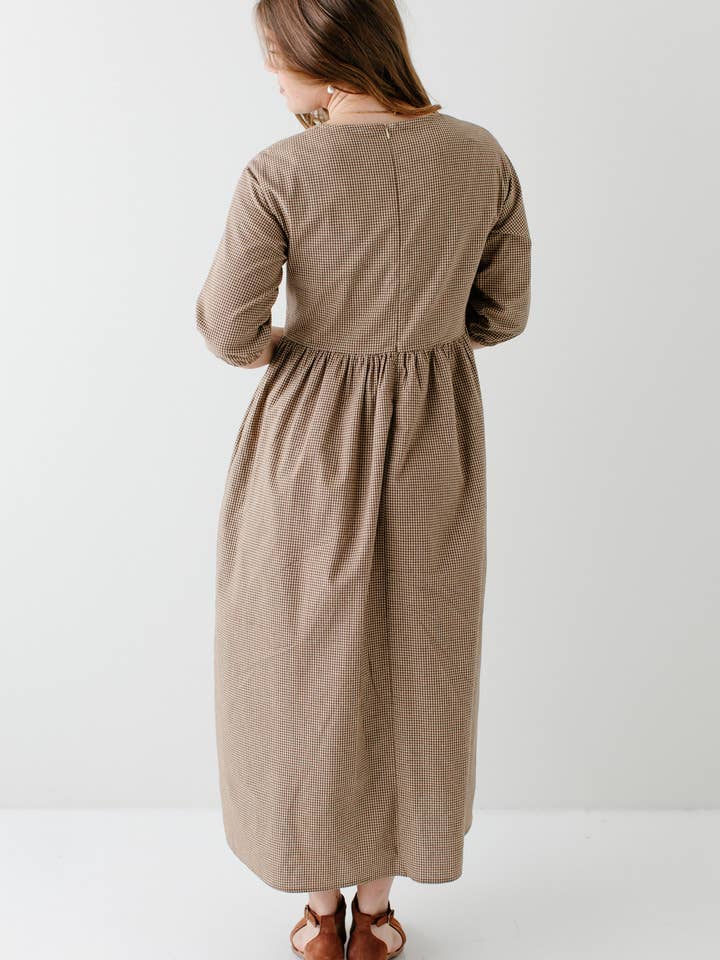 Brown 'Beth' Cotton Gingham Maxi Dress for wholesale on Faire6