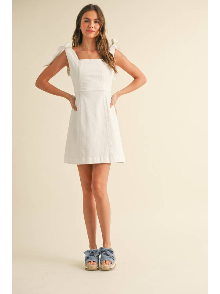 White D4567 STRETCH COTTON TIE ON SLEEVE DRESS for wholesale on Faire