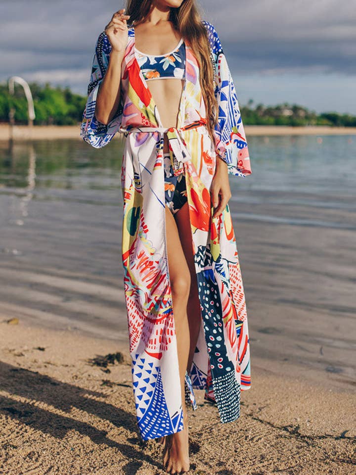 Beachwear & Swimwear Polyester Kimono Floral Print With Doll Print On Back Multicolor Color Long Length Gown Kimono Duster Robe for wholesale by StyleGalX