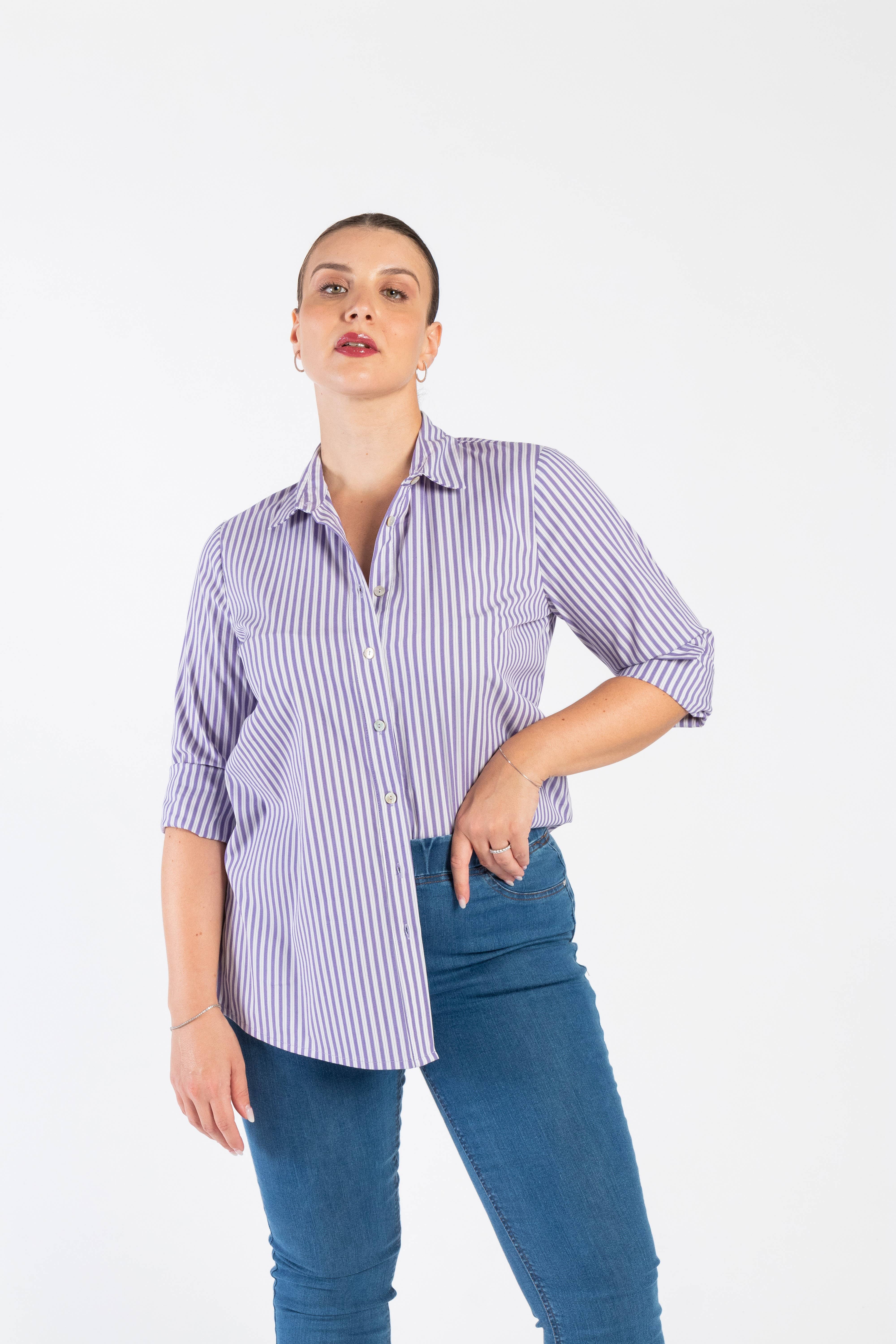 Clara G. - Wholesale Button Down Shirt - Women's - Striped Cotton Shirt With Collar And Buttons0