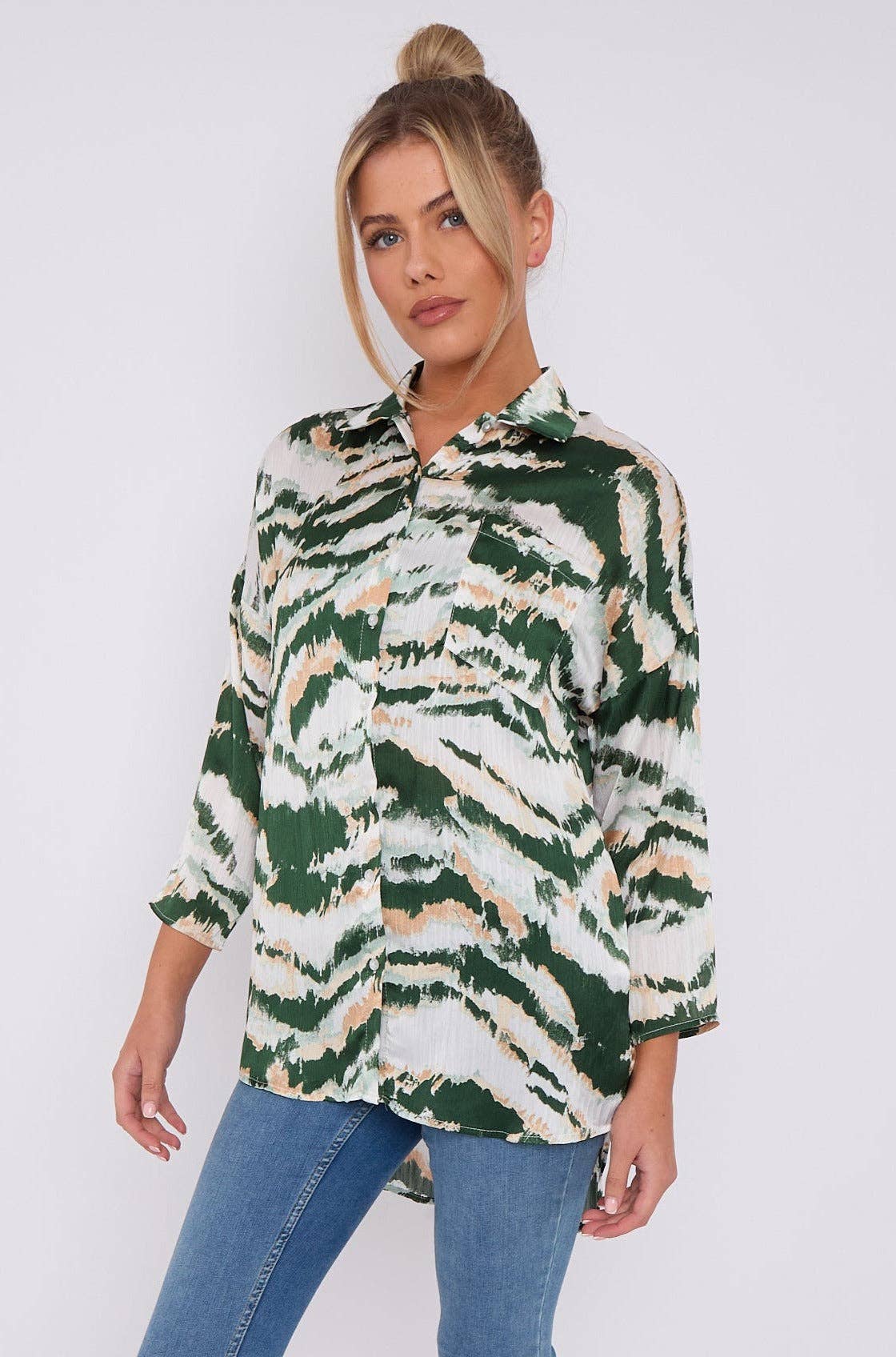 Green Tie Dye Stripe Print Satin Oversized Shirt for wholesale on Faire3