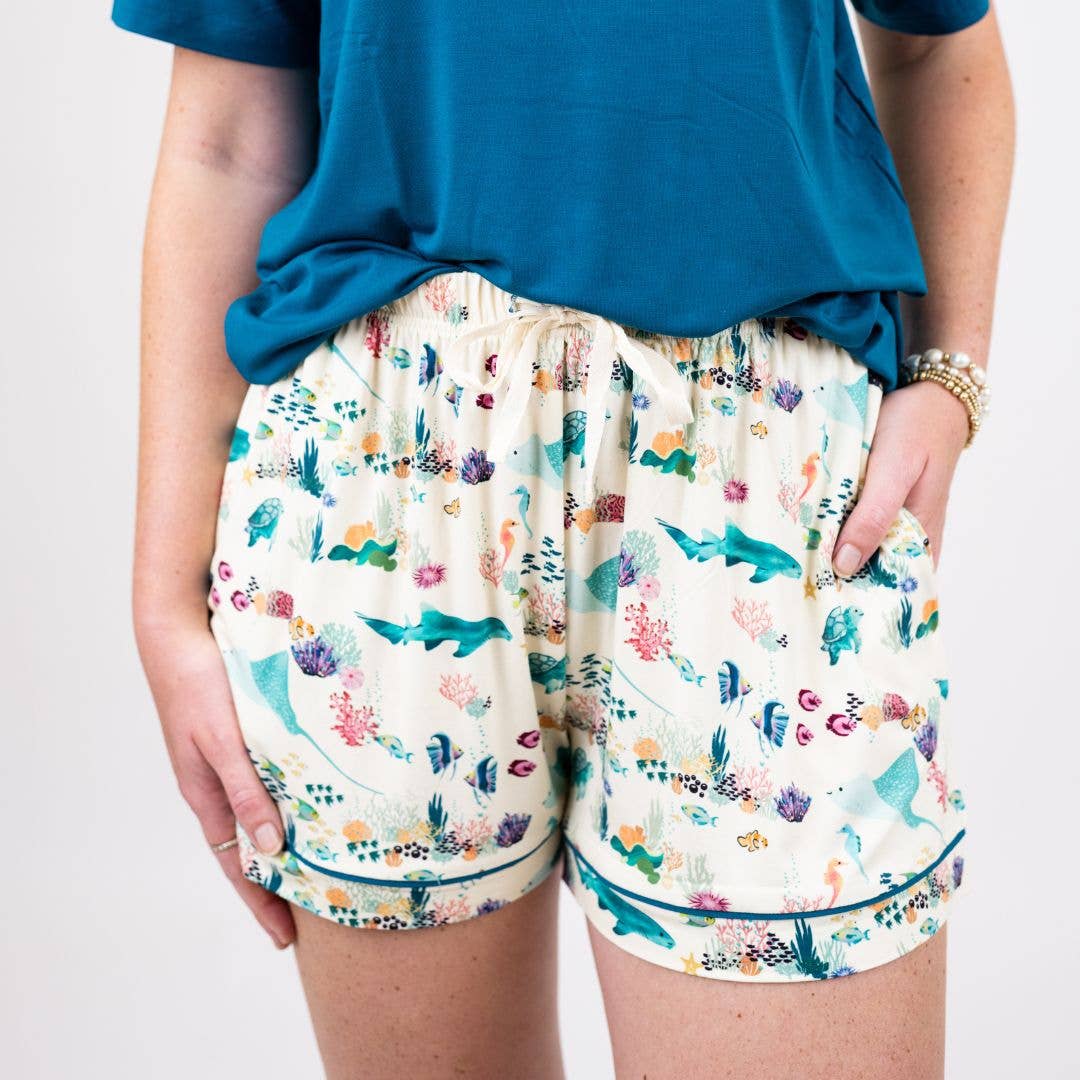 Blue Multi Coral Reef Womens Bamboo Pajama Shorts for wholesale on Faire2