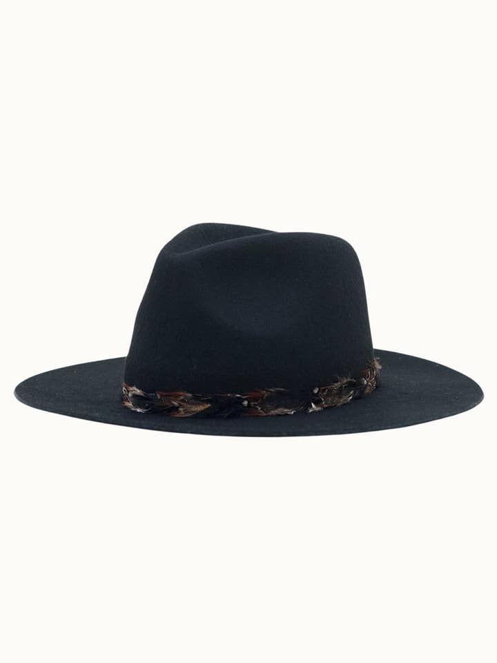 Rancher in feltro di lana 100% lana con bordo in piuma, adatto ai viaggi, regolabile, nero per la vendita all'ingrosso da parte di Olive & Pique