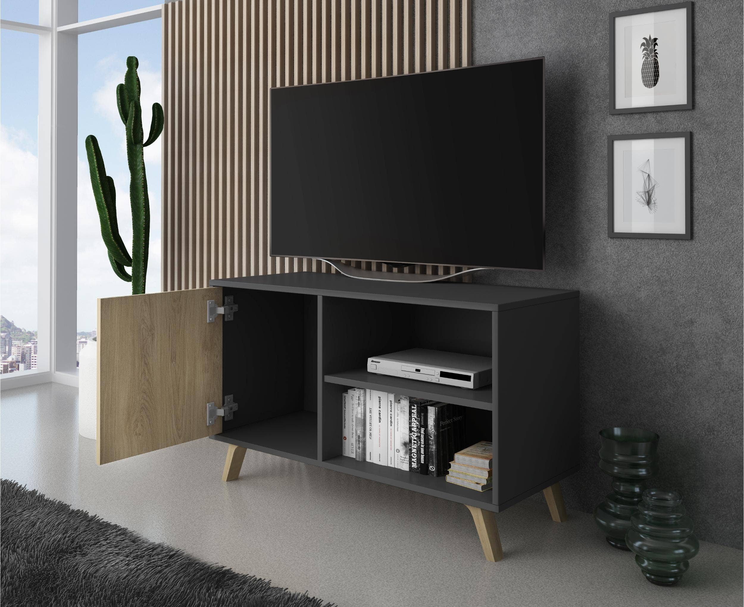 REMOVED BRAND - Vente Console - Meuble TV 100 avec porte gauche, salon, modèle WIND, couleur de structure gris anthracite, couleur de porte Puccini, dimensions 95x40x57 cm de hauteur.2