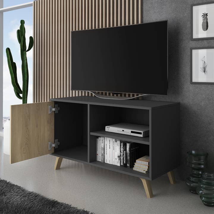 REMOVED BRAND - Vente Console - Meuble TV 100 avec porte gauche, salon, modèle WIND, couleur de structure gris anthracite, couleur de porte Puccini, dimensions 95x40x57 cm de hauteur.2