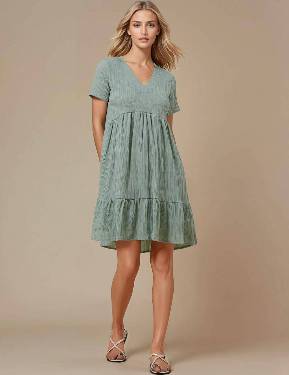 Sweetkama - Vente Robe – femme - Robe courte quotidienne à manches courtes et col en V5