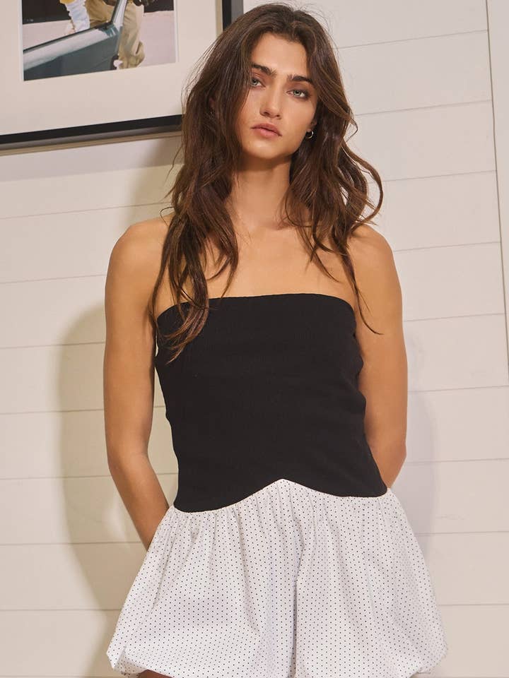 R5609 Off Shoulder Contrast Color-Block Balloon Hem Romper for wholesale by BUCKETLIST