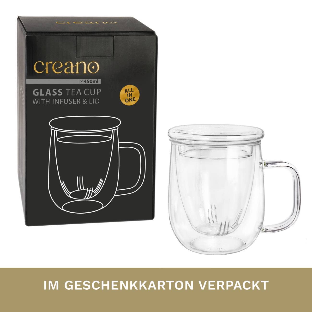Creano - Vendita all'ingrosso Tazza da tè/caffè - Creano bicchiere per tè 450 ml - grande tazza con infusore e coperchio in vetro - ideale per preparare il tè4