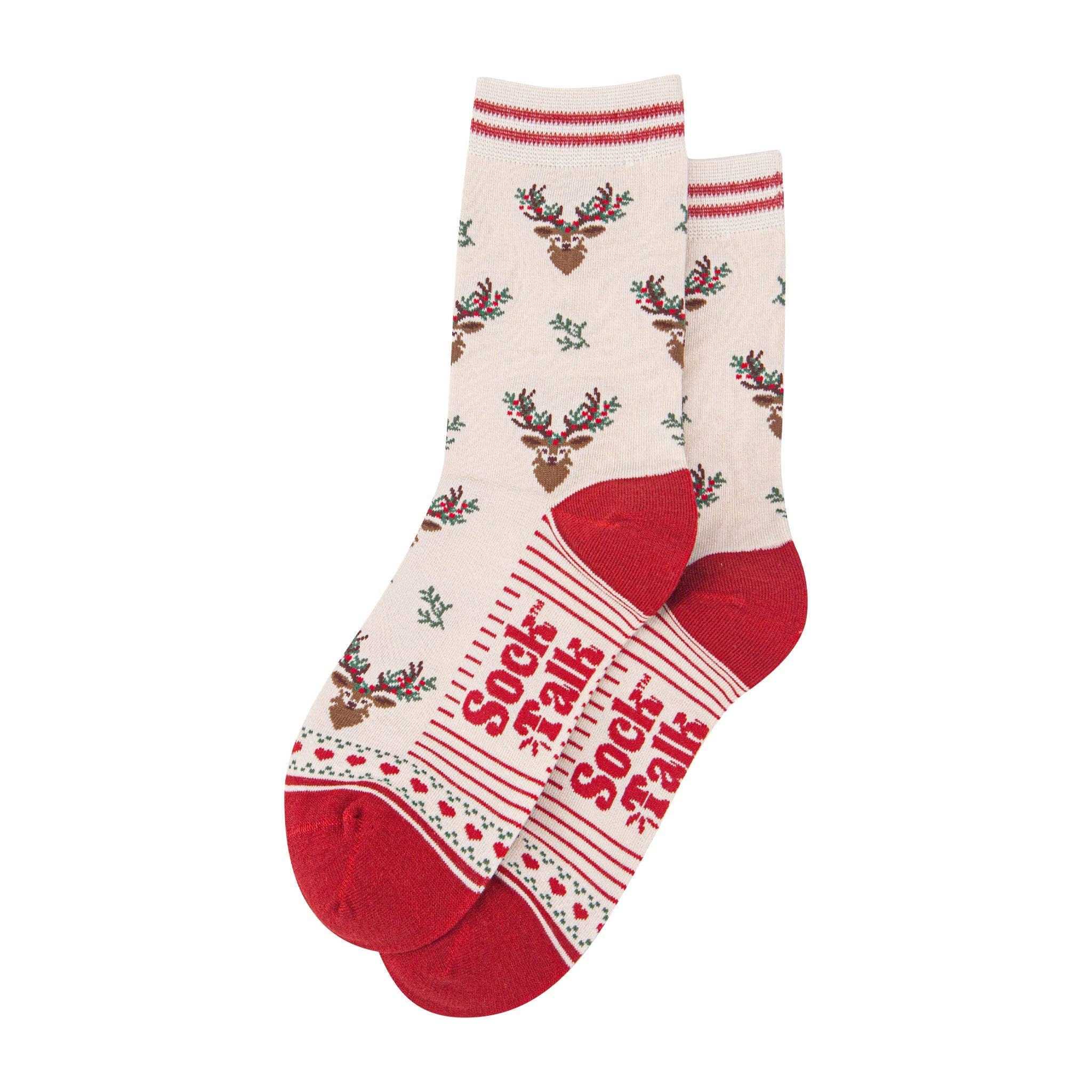 Sock Talk – wholesale Socks – Women's – Women's Bamboo Socks - Cream/Red, Floral Reindeer1