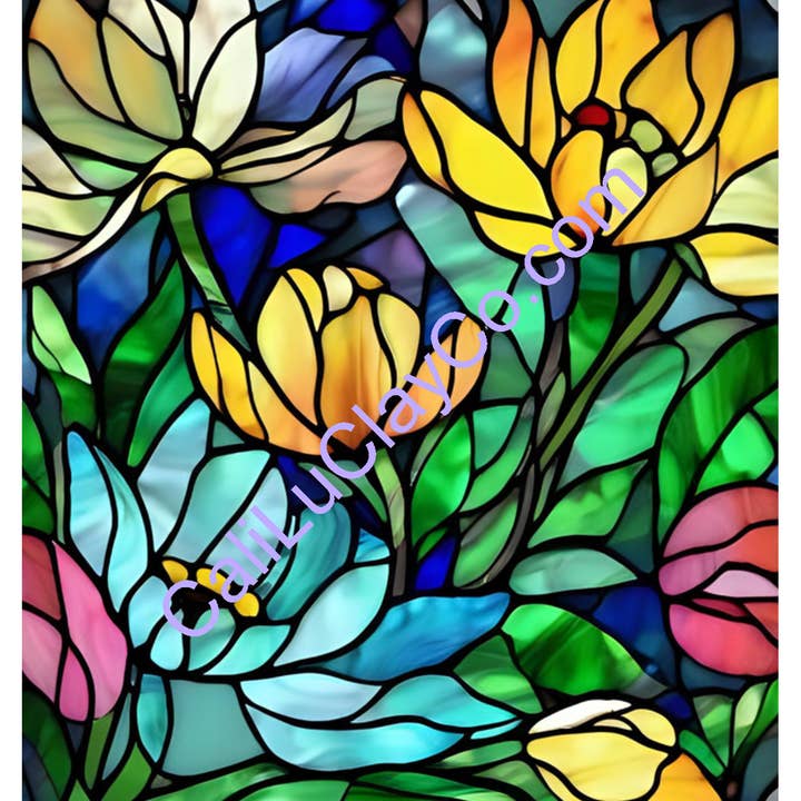 CaliLu Clay Co. - Wholesale Craft Supplies - Floral Stained Glass #15 Left & Right Polymer Clay Water-Soluble Transfer Sheet / Tattoo Paper