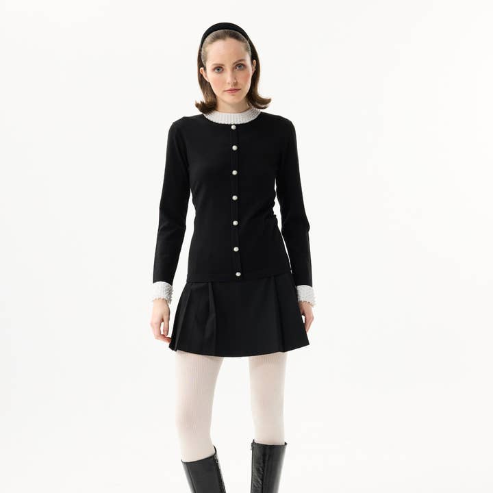 Women's black cardigan with contrasting collar for wholesale by leo & ugo