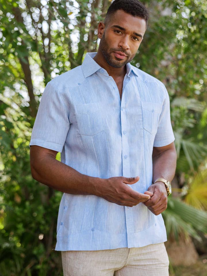 Camicia Guayabera da uomo Mojito in lino 100% a righe, manica corta, design a 2 tasche. per la vendita all'ingrosso da parte di MOJITO COLLECTION