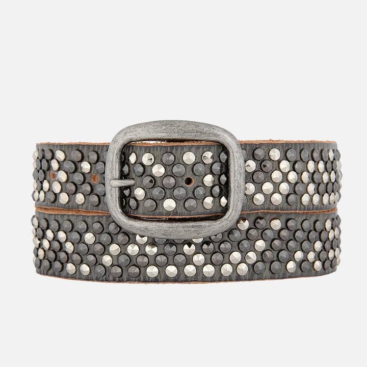 Amsterdam Heritage Leather Belts, Bags, Jackets & Apparel - Wholesale Belt - Women's - Britta | Vintage Silver Buckle Studded Leather Belt Women