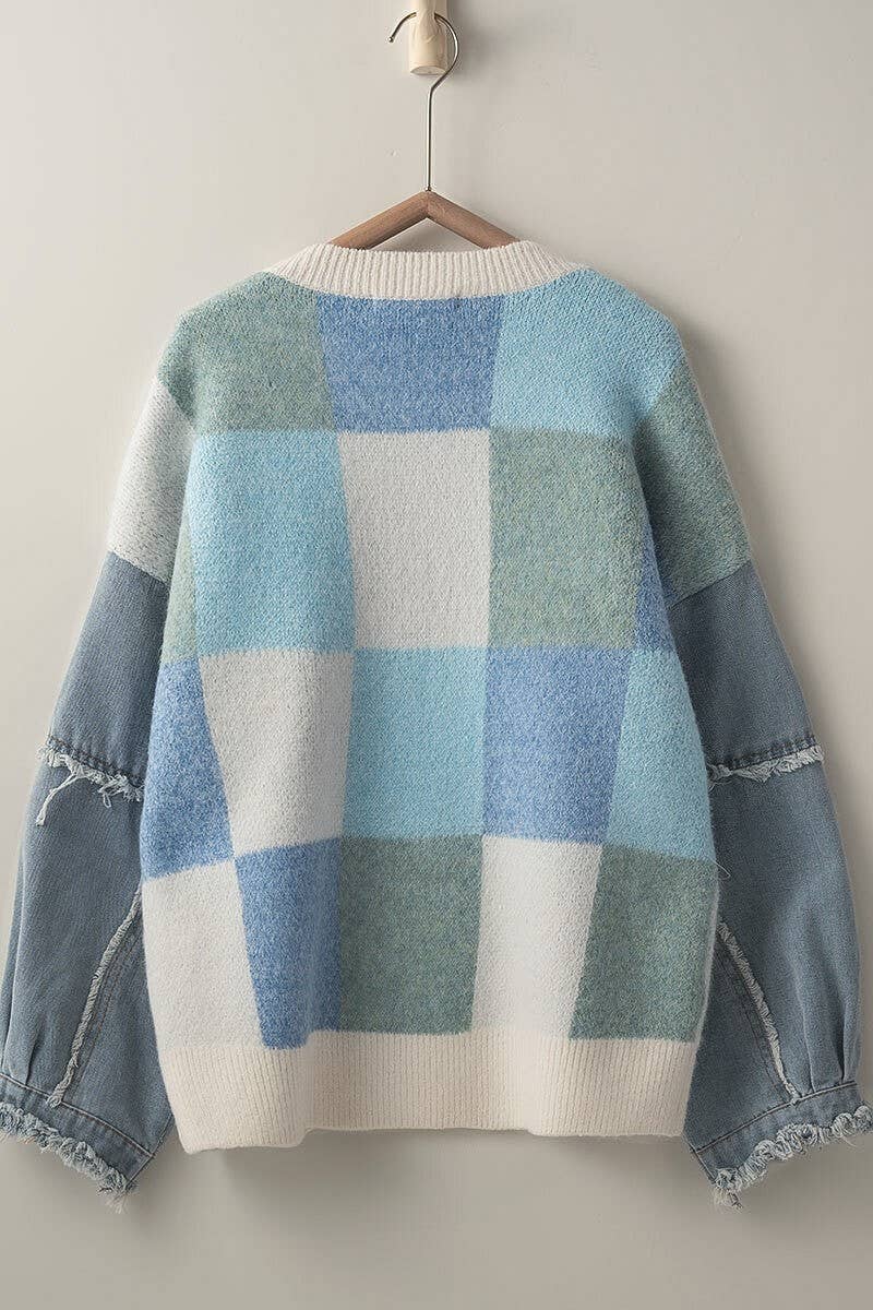 Urban Daizy - Wholesale Knit Sweater - Women's - Checkered Knit with Denim Sleeves Crewneck Sweater0