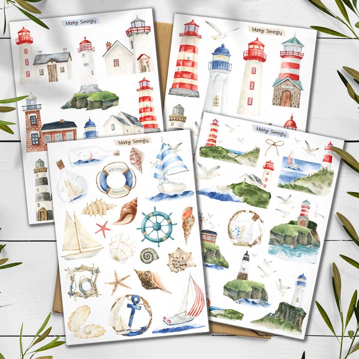 Feuille d'autocollants phare. Plage océanique nautique pour la vente par DailyStickersUK