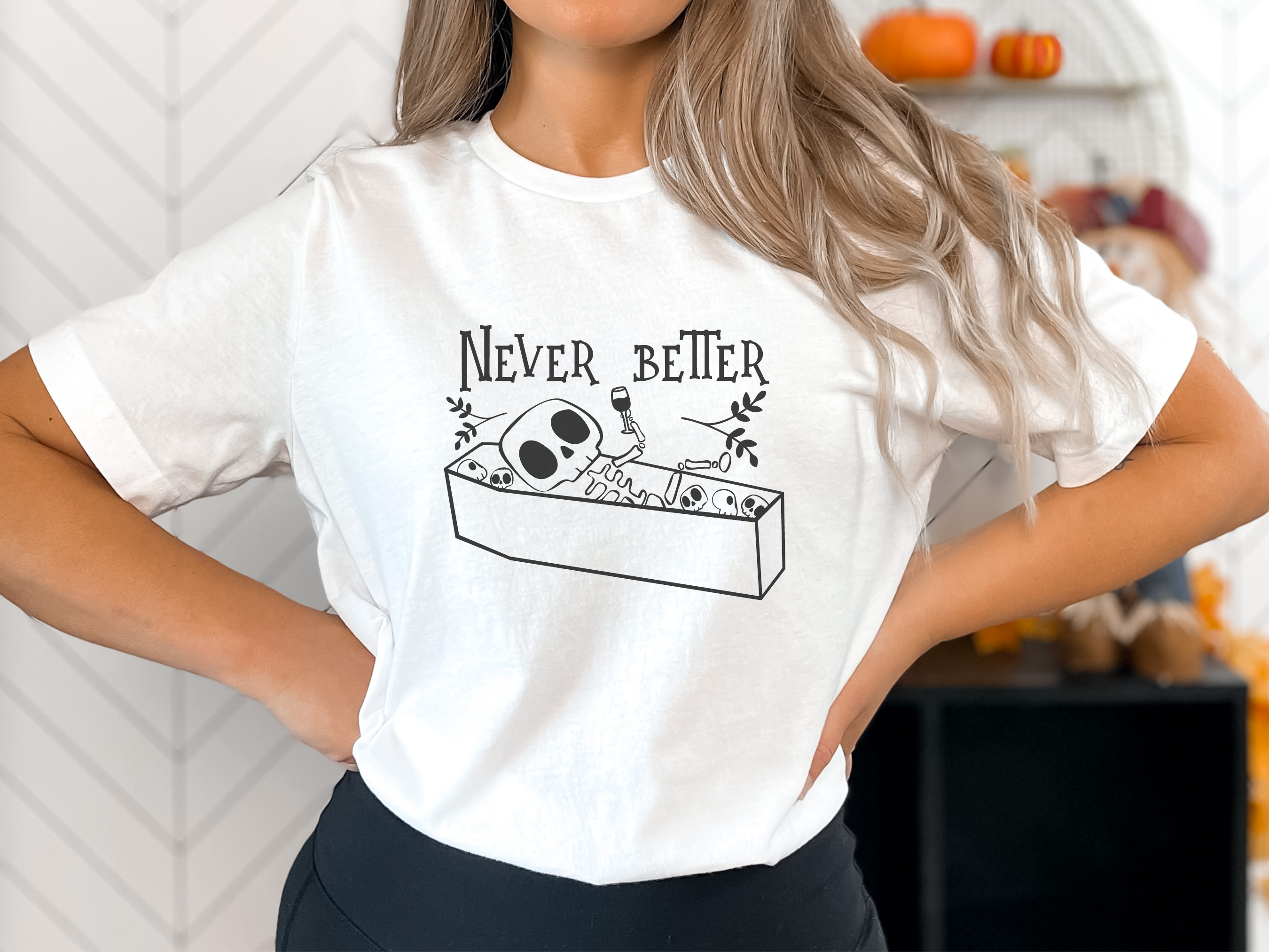 Stiles Tee Co. - Wholesale T-Shirt (Graphic) - Unisex - Vintage Halloween Shirt – Skeleton Wine Tee – Never Better0