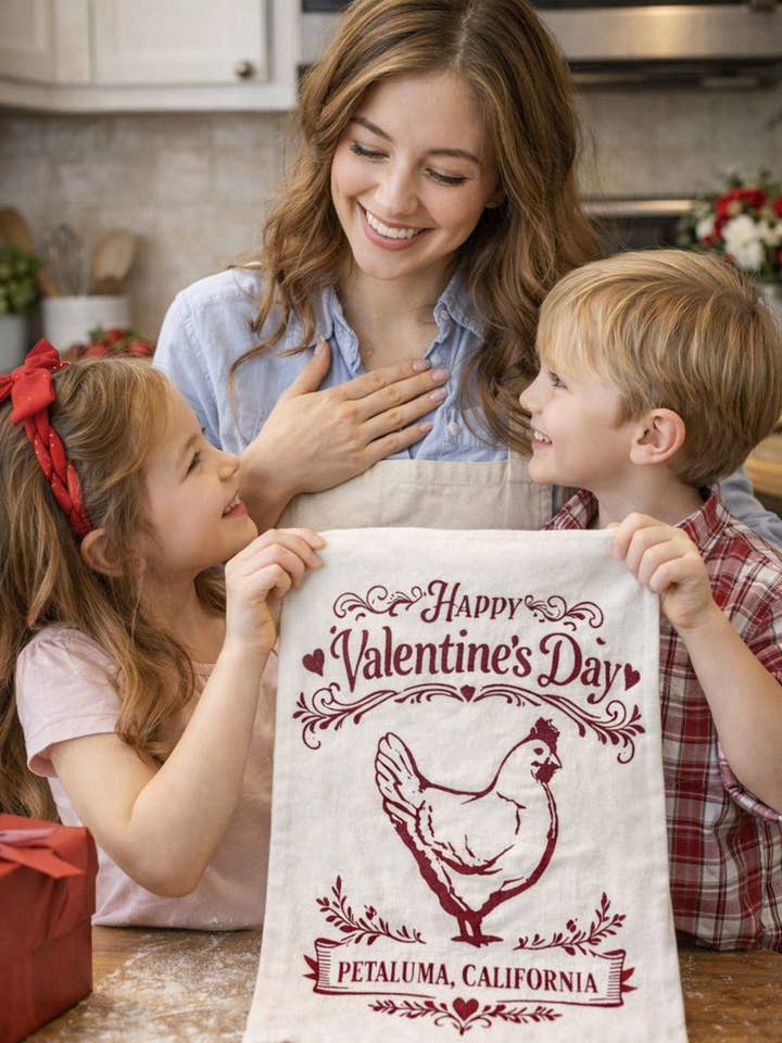 Happy Valentine's Day Petaluma Chicken Organic Flour Sack 27" x 27" for wholesale by Luma Vintage