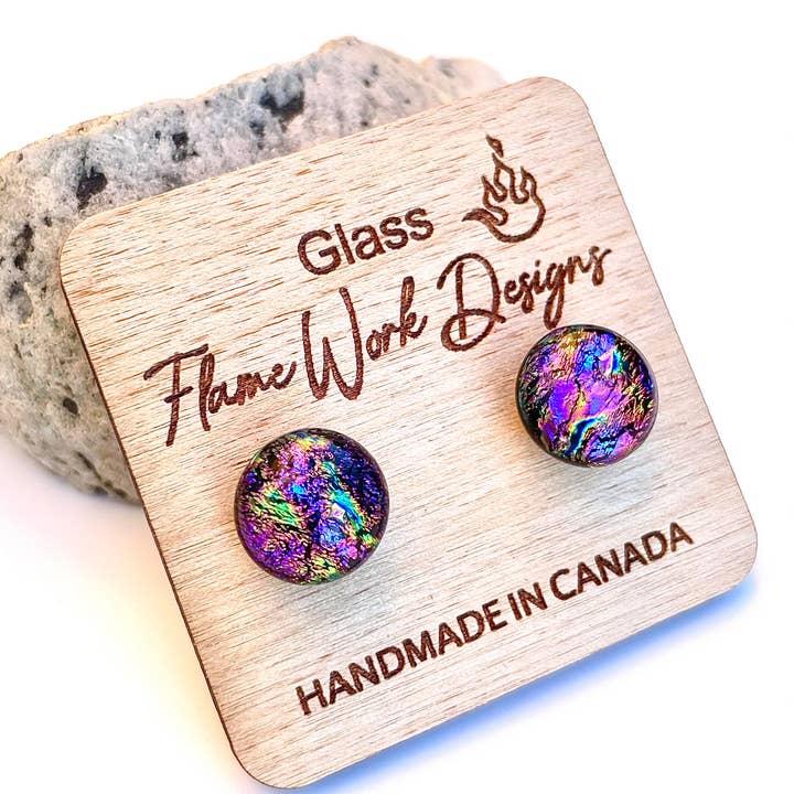 Dichroic Glass Studs - Rainbow Purple - 9mm for wholesale by Flame Work Designs - Glass Jewelry