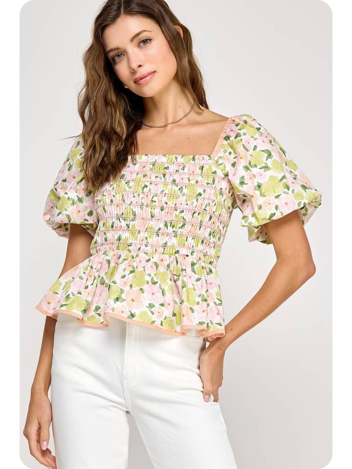 Strut & Bolt - Wholesale Blouse - Women's - Floral Print Contrast Smocking Top