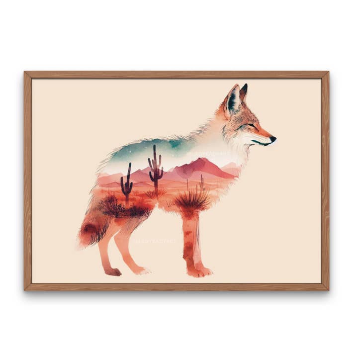 Art mural de coyote, décoration intérieure désert de cactus, art du sud-ouest pour la vente par Lady Kady Art