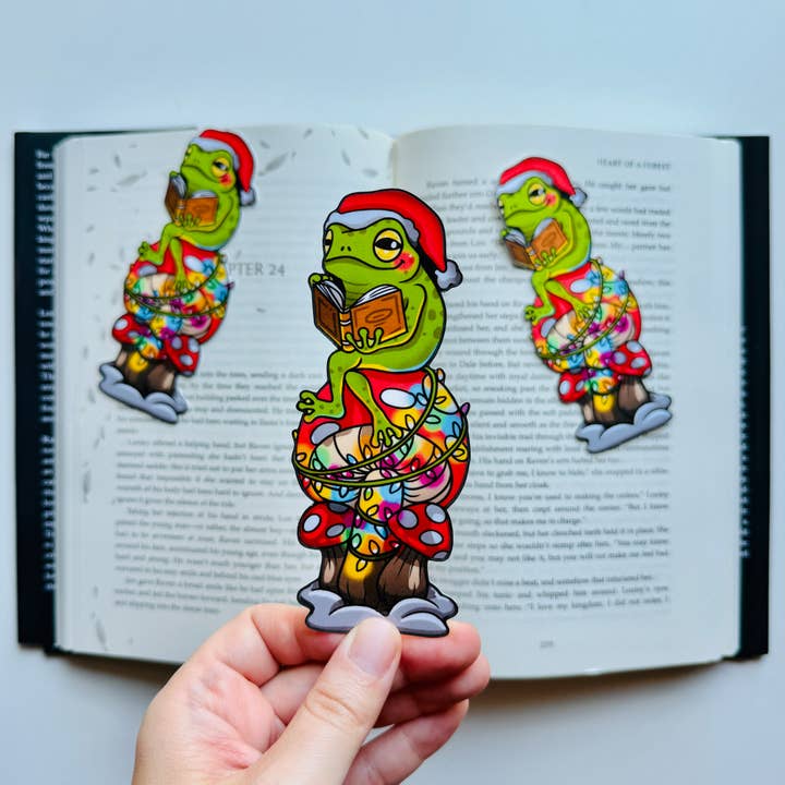 Cute Christmas Frog on Mushroom Bookmarks – Handmade Gift for wholesale by Sea Pixie Designs