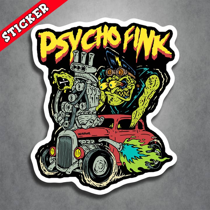 Psycho Monster Hot Rod Gasser Sticker Horror Rat Rod Fink for wholesale by Monsters and Martians LLC