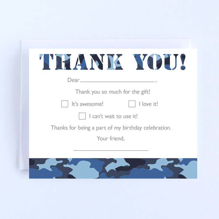 Fill-in Thank You Notes: Blue Camo - Boxed Set of 10 for wholesale by The Cornerstone Studio